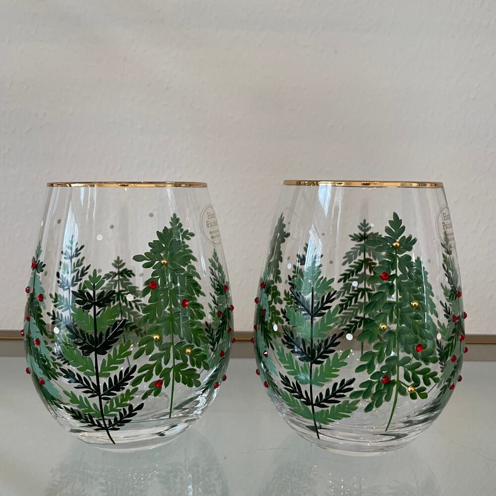Hand Painted & Jeweled Stemless Wine Glass Set 2 Coquette Christmas Trees NEW